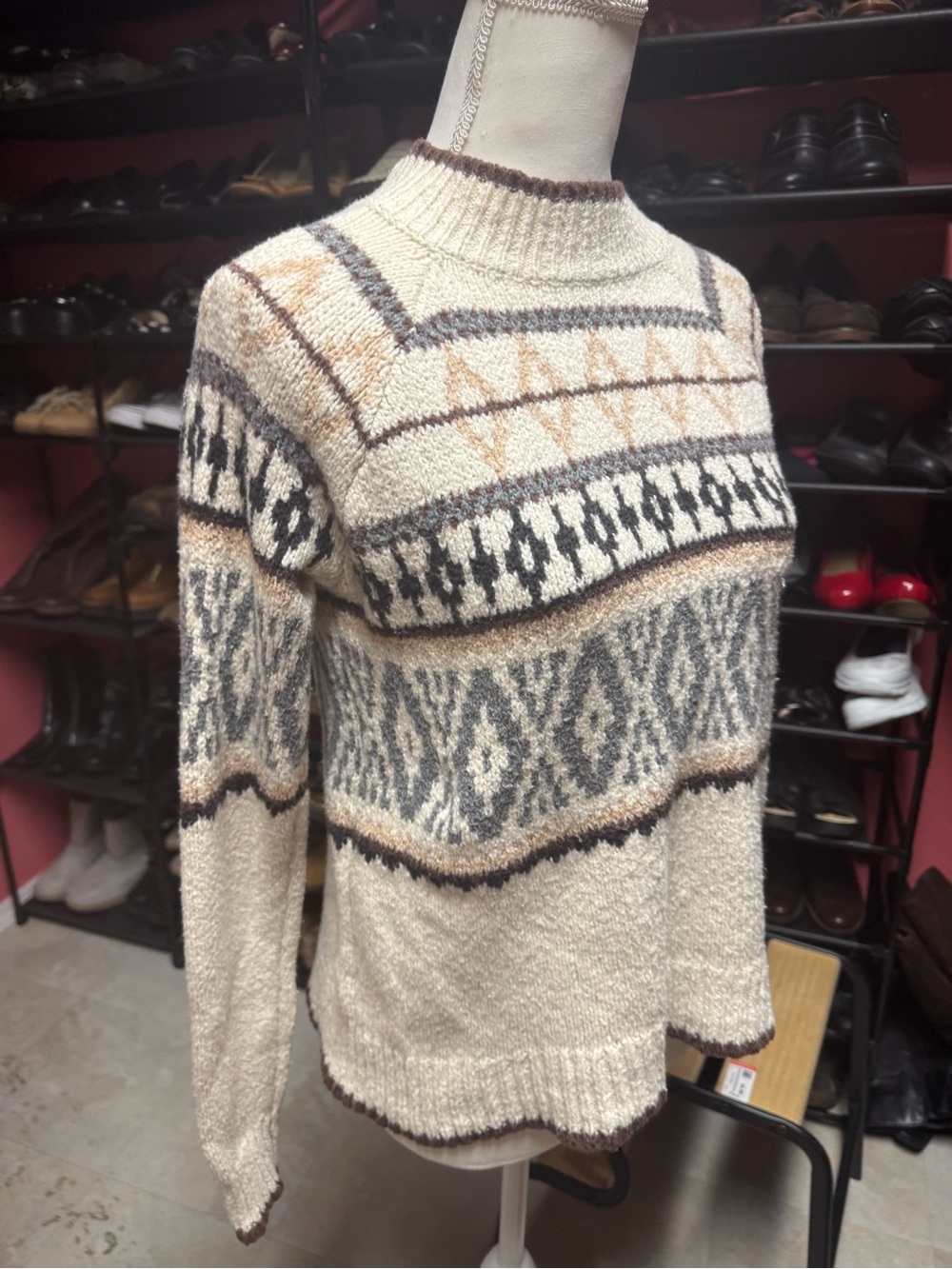 American Eagle Fair Isle Mock Neck Sweater Cream Brown Nordic Knit Small